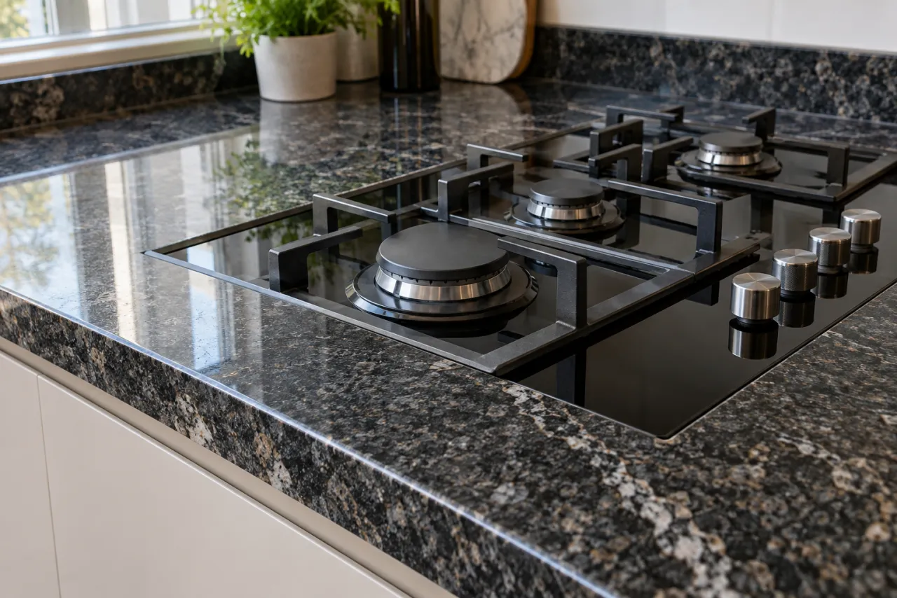 Granit mutfak tezgahında ankastre ocak kesimi (temsili görsel)